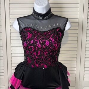 Weismann Child Large Dance Costume Black Pink Tulle Skirt And Sequence W/ Cuffs